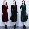 Casual Dresses Elegant Autumn Winter Velvet Dress Women 2024 Korean Fashion Round Neck Midjeband Långärm Slim Midi med fickor Z4062