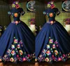 2022 Fashion Charro Mexico Quinceanera Dresses Navy Blue Off the Counder Satin Corset Back Sweet 15 Girls Prom Dress 3254534