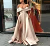 Sexy Cheap Split Champagne Prom Dresses 2018 Off The Shoulder Satin Floor Length White Pink Blush Simple Evening Party Dresses8758905