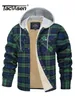 Tacvasen Cotton Soft fleece fodrad Mens Flanell Shirt Jackets Button Down Plaid quiltade vinterhuvor Tjock Hoodie Outwear 240329