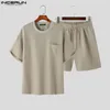 Incerun Men define a cor sólida solta oneck manga curta camiseta shorts de cordão 2pcs streetwear 2024 mass fatos casuais s5xl 240403