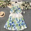 Floral series dress 2024 new high-end printed slim fit long French style bubble sleeve temperament dress