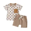 Kläduppsättningar Småbarn Infant Baby Boys Summer Outfits Kort ärm Plaid Tree Print T-shirt med elastiska midjeshorts 2st kläder Set