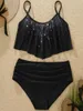 Da bagno da bagno glitter scintillio arruffato set di tankini etnici set di bikini da bagno nero set da donna che nuota ad alta vita semplice in stile coreano abbigliamento da spiaggia coreano