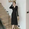 Spring French Fashion Green Knitted Mid length Dress Women V Neck B Button Single Breasted Ruffles Slim Sweater Party 240321