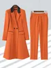 女性の2ピースパンツフォーマルパンツスーツ秋冬高品質オレンジブラックロングブレザージャケットビジネスワークウェアオフィスレディ