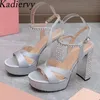 Rhinestone Chunky Heels Platform Sandaler Kvinnor Bröllopsskor Satin Crystal High Heels 12,5 cm Gladiator Sandaler Kvinna Sandalias 240329