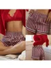 Women's Sleepwear Red Striped Printed Pajama Shorts With Elastic High Waistband Buckle Decoration Straight Leg And Pants