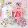 Ensembles de vêtements Tregren Baby Girls Shorts Baby Girls Set à manches courtes T-shirt Élastique lettres imprimées avec bande d'été à coiffure à bowknot