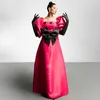 Party Dresses Fashion Fuchsia A-line Long Satin Prom With Short Puff Sleeves Shiny Floral Crystal Bow Gowns Square Neckline