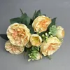 Dekorativa blommor Silk Konstgjorda fyra säsonger Peonies Bouquet Green Plant El Decor Imitation Flower Blush Peony Wedding Decoration