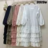 Casual klänningar japan stil hög midja kvinnors solida färg tårta klänning söt mori flicka löst lång botten midi vestido mantel femme longue