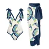 1 Set Women Monokini Printed Strap Backless Vintage Retro Pool med Polyester Lady Beach med lång klänning Surf Clothi 240327