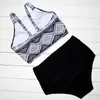 Women's Swimwear Women Black White Color Print Two Pieces Bikini Swimsuit High Waist Bathing Tops For Summer Party Beach Y045