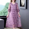 Casual Dresses Summer Women 3/4 Lantern Sleeve Embroidery Purple Long Dress Woman 4xl 5xl High Waisted