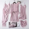 Witte zijden pyjama's set vrouwen 5 stcs bruid bruiloft robe nachthemd sexy kanten chemise slaapkleding kimono badjo jurk lingerie 240402