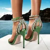 Kledingschoenen groen satijnen kristal hoge hiel sandalen bling strass strappy dunne hakken formele feest zomer