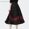 Spódnice moda czarna haftowana plisowana długa spódnica kobiety wiosna jesienna elastyczna wysoka talia A-linia duża huśtawka plus size