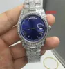 MEN039S Uhren Voll silberne Diamant Edelstahl Uhr HipHop Blaues Gesicht 36 mm Doppelkalender Automatische Uhren1818458