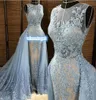 2019 Robes de soirée Elie Saab Dovitable Overskirt Deep V illusion du cou Bluegray Pearls Appliques de dentelle perle Tulle Celebrity PR1591856