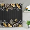 Dusch gardiner tropisk grön växt badrum svart bakgrund guld palm blad mönster bad gardin vattentätt badkar heminredning