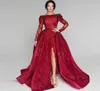 Tony Chaaya 2018 Sequins rouges Robes de bal à manches longues manche bateau côté fendu robe formelle de soirée de balay