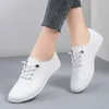 Casual Shoes Women 2024 Lace-up British Style Simple Cowhide Leather Ballet Flat White