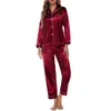 Home Clothing Spring 2 Piece Satin Pajamas Set Women's Casual Soft Loungewear Sleepwear Long Sleeve Button Down Tops And Elastic Band Pants