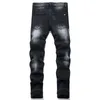 Men Jeans Patch Embroidered Jeans Ripped Hole Elastic Small Leg Denim Pants Streetwear Hip Hop Jeans Trousers Male