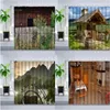 Cortinas de chuveiro Retro Country Farmhouse Cortina Conjunto de madeira Vintage House House Porta do celeiro Plantas naturais Plantas naturais Decoração de tela do banheiro