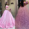 Dresses Beautiful Pink Hand Made Flower Wedding Dresses Ball Gowns Off Shoulder Bling Bling Crystals Bodice Bridal Dress vestidos noiva