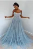 Jurken Princess Sky Blue Prom jurken Sparkle Parmen Beads Spaghetti Lange vrouwen gelegenheid avondfeestjurken op maat gemaakt BC5842