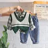 Ensembles de vêtements Spring Fall Boys 3 Pieds Ensemble V Cou couché Couchée Tops Plaid Shirts Elastic Wair Harem Jeans tenue Casual Children Ensemble