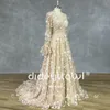 Robes de fête Dideyttawl Real Pos Champagne 3D Fleurs V-Neck Tulle Sans manches Prom Robe A Line Illusion Back Sweep Train Train Robe de soirée