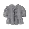 Chemises léopard à la mode pour femmes pour femmes 2024 Spring Loose Puff Sleeve Blouse femelle Elegant Lace Up Chic Cropped Top Ruffled 15 Couleurs