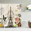 Rideaux de douche rétro élégante Paris Tour belle scène rose papillon décor de salle de bain 3d rideau de bain d'impression avec 12 crochets