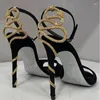 Dress Shoes Gold Snake -vormige Twining High Heel Dames Sandalen Zwart Suede Peep Toe Hollow Summer Buiten