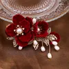 Hair Clips Gold Color Leaf Pin Clip Rhinestones Pearl Hairpin Brides Women Red Flower Head Pieces Wedding Accessories Bridal Jewelry