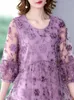 Casual Dresses Summer Women 3/4 Lantern Sleeve Embroidery Purple Long Dress Woman 4xl 5xl High Waisted