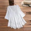 Women's T Shirts Vintage Lace V Neck Shirt Three Quarter ärmar Plus Size Top Solid Color Casual Elegant Blue for Women Summer 2024