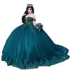 Ciemnozielona koralika księżniczka Quinceanera ubiera się od barku długi tiul na balu specjalne suknie
