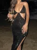 Casual Dresses Elegant paljetter Camisoles Maxi Dress Bling Female Cut Out High-mist V Neck Backless Bodycon Sexig Evening Party Shine klänningar