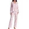 Hemkläder Kvinnor Pyjama Set Heart Print Lång ärmknappstängning Toppar T-shirt med byxor Loungewear Comfy Soft Sleepwear Matching Suit