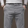 Autumn Mens Cotton Stretch Casual Pants Classic Slim Straight Fashion Korean Elastic Waist Cargo Trousers Black Gray Green 240326