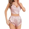 Hemkläder Kvinnor Solid Satin Pyjama Set Strappy Backless Cami Top Elastic Midjeband Shorts Women's Sleepwear Loungewear Suits