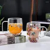 Vinglas 1 stycke Creative Double Wall Glass Mugg Cup med Dry Flower Sea Snail Conchs Glitters Fillings For Coffee Juice Milk