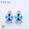 Rings CZCITY Round Sapphire Gemstone Stud Earrings for Women Wedding Engagement Fine Jewelry 925 Sterling Silver Bridal Christmas Gift