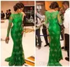 Elegancka szmaragdowa zielona koronkowa syrenka balowa z długimi rękawami Sheer szyi Trumpet Celebrity Red Carpet Miss Nigeria Evening for 1654936