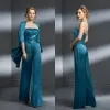 Suits Teal blue Mother Of The Bride Pant Suits Chiffon Applique Strapless Plus Size Mother Of The groom Dress Formal Gown For Mothers We