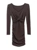 Повседневные платья черные плиссированные Bodycon V-образные платья с длинным рукавом Женщины Весна Элегантный короткий 2024 Корейская винтажная вечеринка